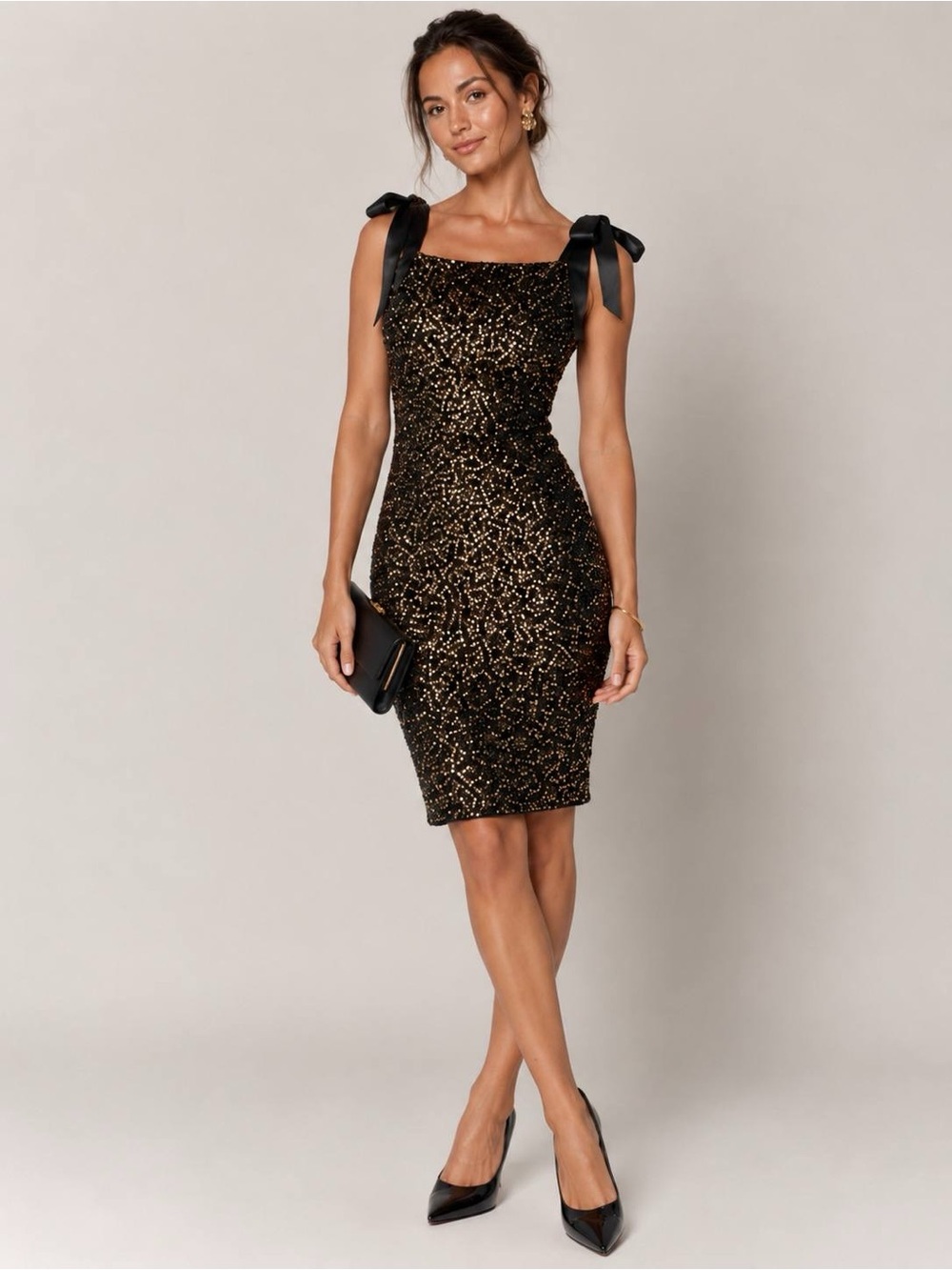 Karl Lagerfeld Paris Women's Sequin Mini Dress Black Gold Tie Strap Sz 12 NWT